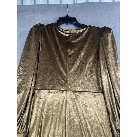 PatBO Metallic Velvet Mini Dress Size 10 Gold V Neck Womens Dress Empire Waist - Picture 8 of 14